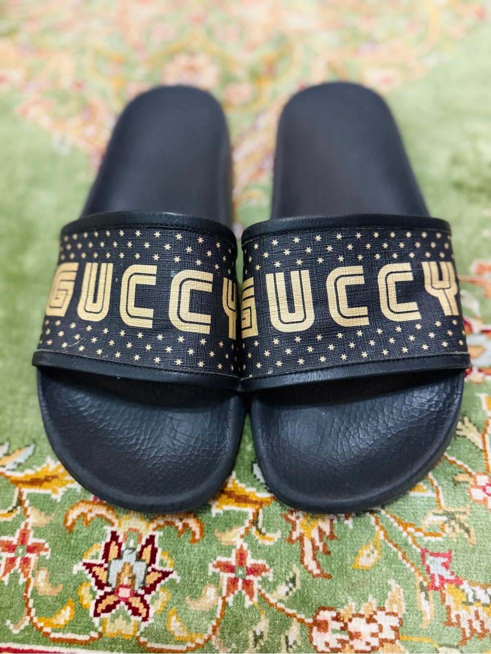 Gucci Black and Gold Star Logo Slide Sandals